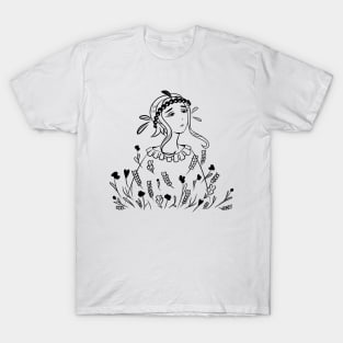 Sad girl in a flower field T-Shirt